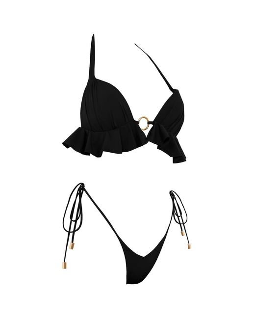 ANTONINIAS Black Dalliance Padded Halter Bikini Top With Ruffles