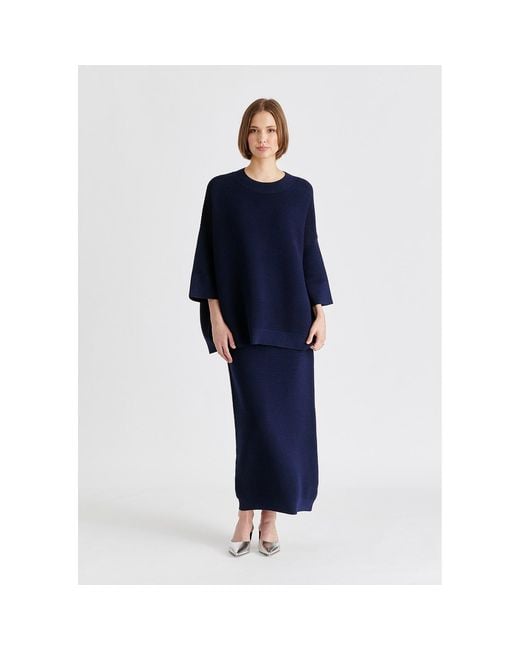 Paisie Blue Mock Neck Cropped Sleeve Ribbed Jumper