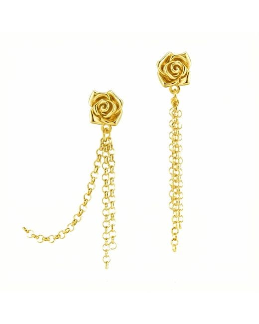Unaloe Metallic Vermeil Asymmetric Rose Chain Drop Earrings – Luxury Contemporary Floral Designer Jewelry