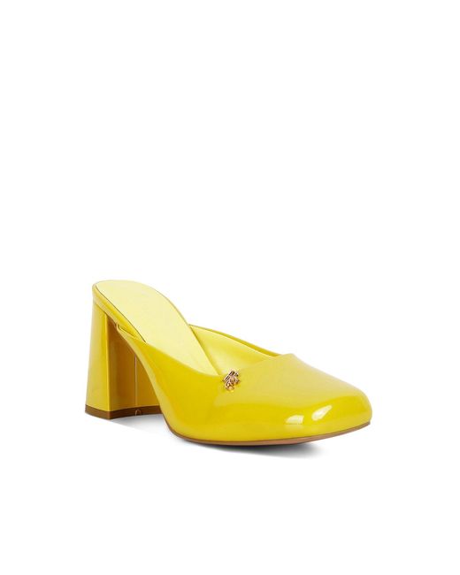 Rag & Co Yellow Neoplast Patent Pu Block Heeled Mules