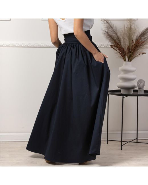 Nikka Place Blue Long Flared Skirt With High Waist & Front Bow