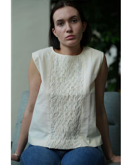 Stovaria Green Hand-Stitched Cotton Panel Statement Sleeveless Top