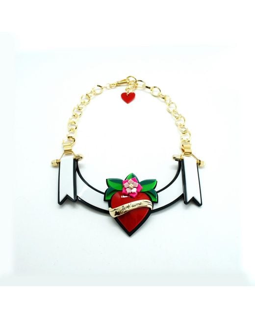 Gissa Bicalho Red Handmade Acrylic Necklace Ribbon & Heart