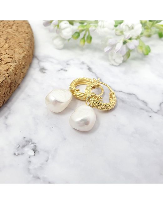 Harfi Metallic Elegant Plated Basket Weave Hoop Earrings With Freshwater Pearl Charm