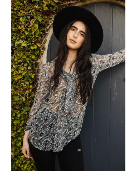 Jennafer Grace Gray Peri Paisley Tie Front Blouse