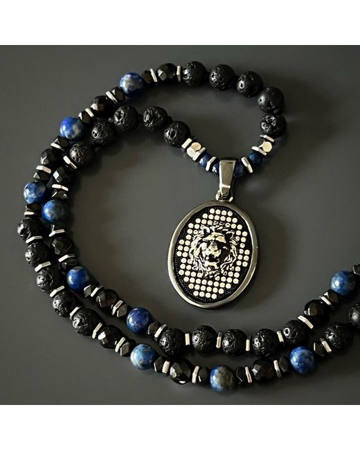 Ebru Jewelry Metallic Powerful Silver Black Lion Necklace for men