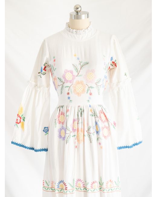 Sugar Cream Vintage White Re-design Upcycled Boho Blossom Colorful Floral Maxi Dress