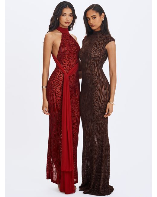 Miss Circle New York Gray Tyanna Mocha Burnout Velvet Mesh Backless Mermaid Maxi Dress