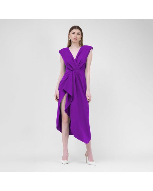 BLUZAT Bright Purple Midi Dress With Draping And Pleats