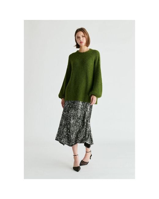 Paisie Green Balloon Sleeves Jumper With Cable Details