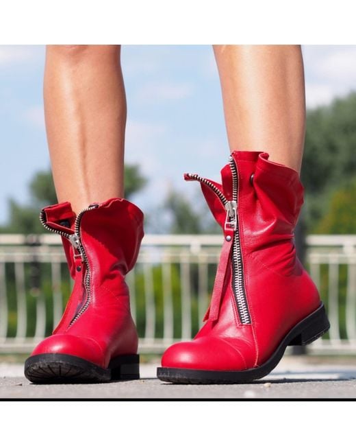 Adrenaline Fashion Red Leather Ankle Boots With Front Zipper Handmade Designer Flat Sole Footwear