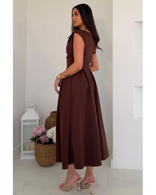 Girl In Mind Brown Betty Asymmetric Neckline Skater Midi