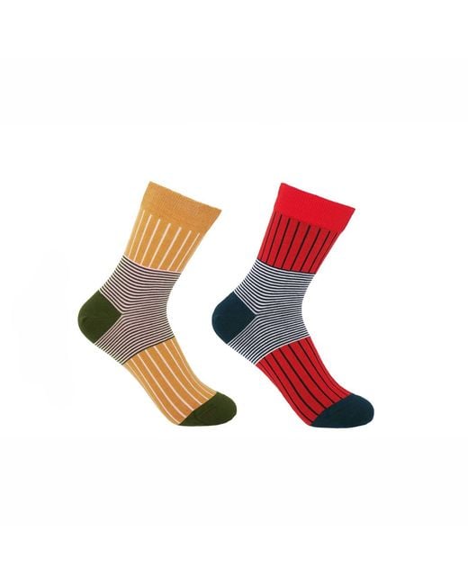Peper Harow - Made in England Red Mustard & Scarlet Oxford Stripe Socks 2 Pack