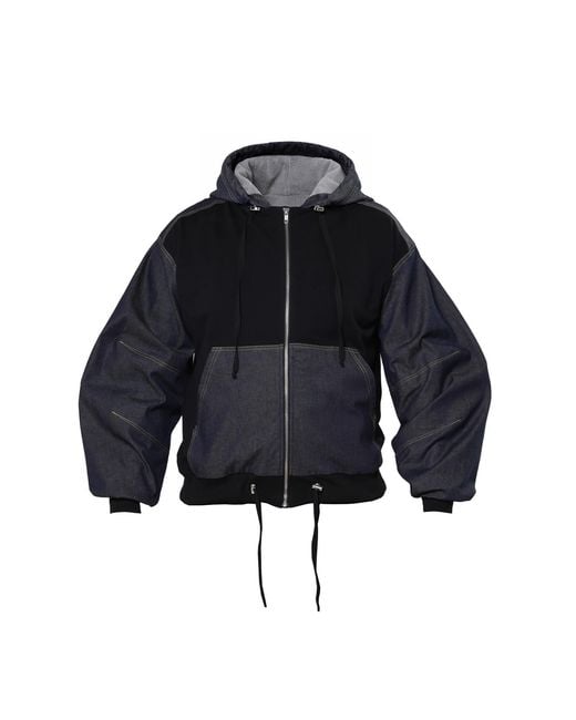 Metamorph Blue Bomber Jacket With Denim Panels for men