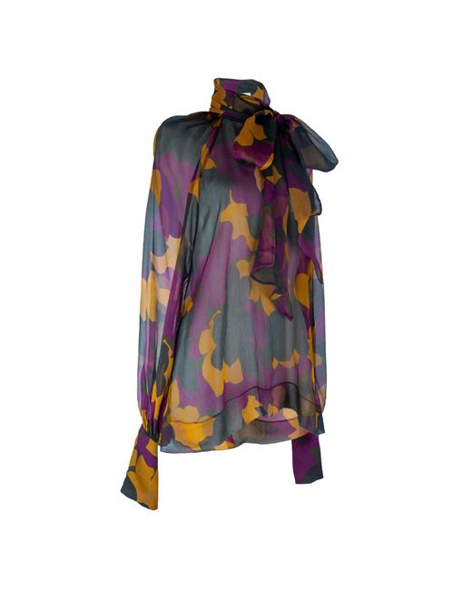 Rua & Rua Multicolor Sheer Silk Shirt Blouse With Bow Collar Multicolour