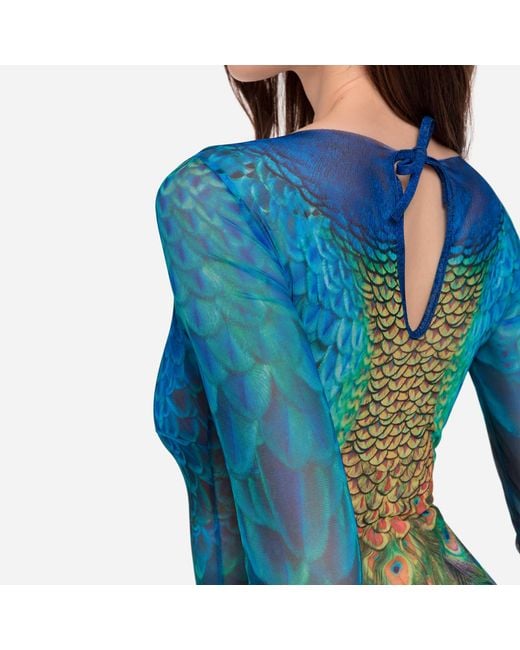 Rodasoleil Smart Swimwear Blue Tan-Through Mesh One-Piece Swimsuit With Sleeves Peacock Mayura