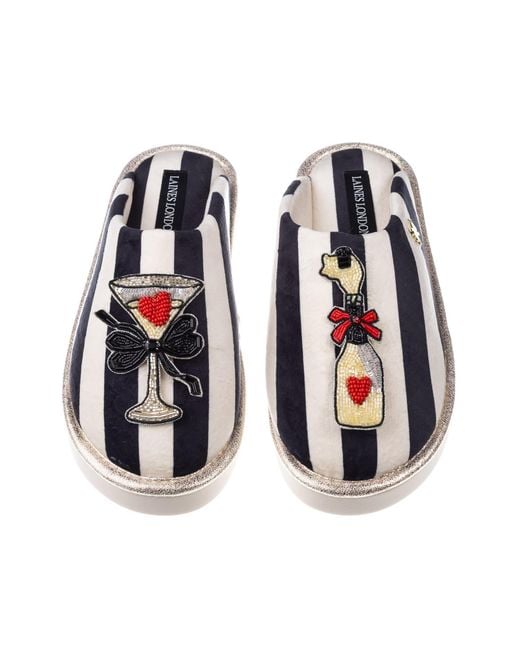 Laines London Multicolor Flatform Stripe Closed Toe Slippers With Popping Champagne Brooches