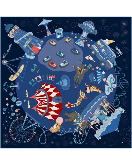 Wenzi Blue Carnival Wonderland Hand Painted Pattern Double Sided Silk Twill Scarf
