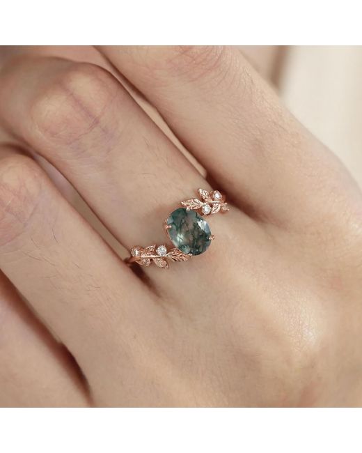 Azura Jewelry New York Metallic Between The Leaf Oval Moss Agate Ring Solid