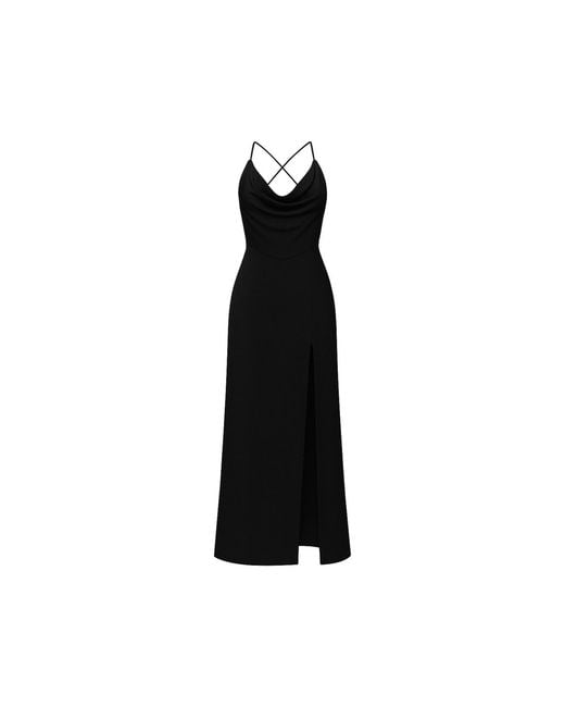 Nomi Fame Black Aphrodite Draped Cowl Neck Evening Gown With Slit And Crossed Straps