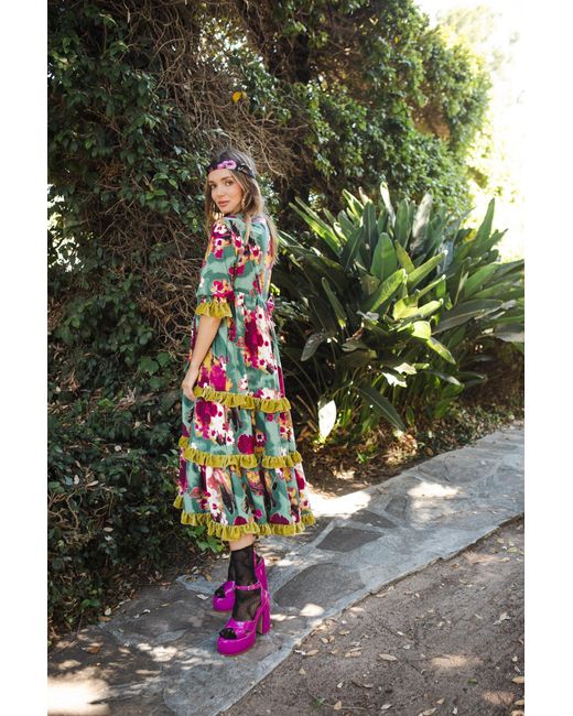 Jennafer Grace Blue Fuchsia Fae Velvet Ruffle Maxi Dress