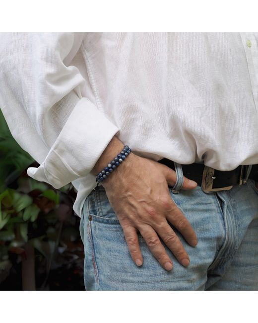 Ebru Jewelry Blue Lapis Lazuli Stone Two Row Beaded Woven Striking Bracelet for men