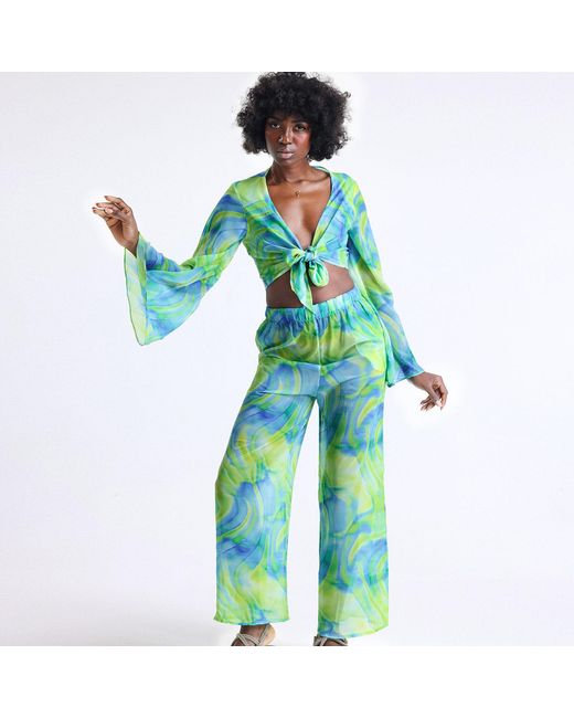LOVEIST STORE Green Estera Chiffon Wide-Leg Trousers & Tie-Front Blouse Co-Ord Set