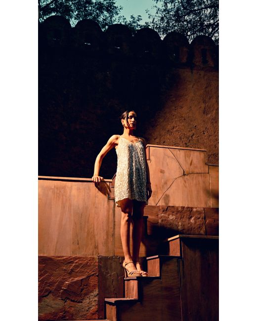 Any Old Iron Gray Neutrals Ivory Ice Beaded Short Dress