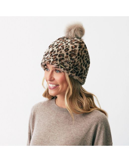 Owen Barry Brown Sheepskin Pull On Beanie Pom Pom Leopard Joni