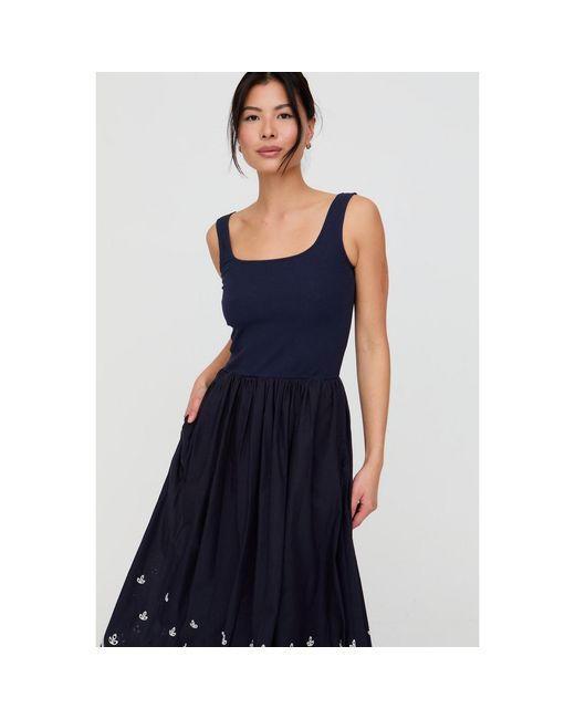 Lily and Lionel Blue Cora Sleeveless Jersey Bodice Embroidered Midi Dress