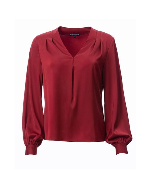 Carloslines Red V-Neck Pleat Detail Balloon Long Sleeve Blouse