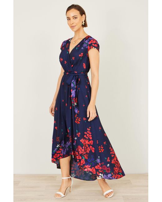 Yumi' Blue Floral Mirror Wrap Dress With Dip Hem
