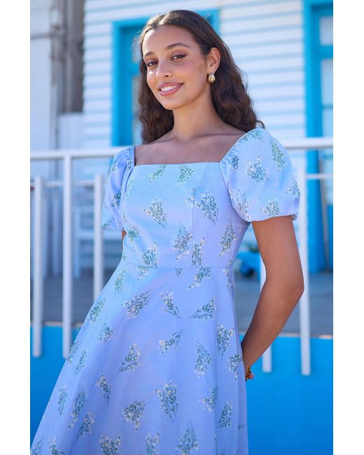 Yumi' Blue Cotton Floral Puff Sleeve Skater Dress
