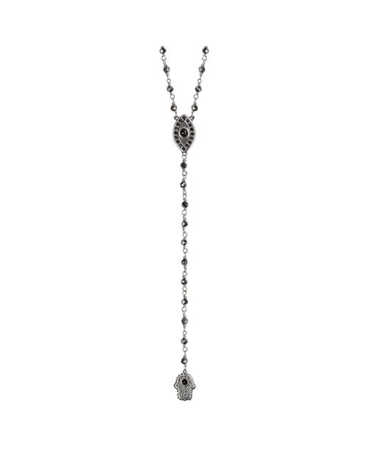 Karma and Luck Metallic Hematite Rosary Evil Eye Hamsa Necklace – Strength & Spiritual Protection Jewelry – Stand