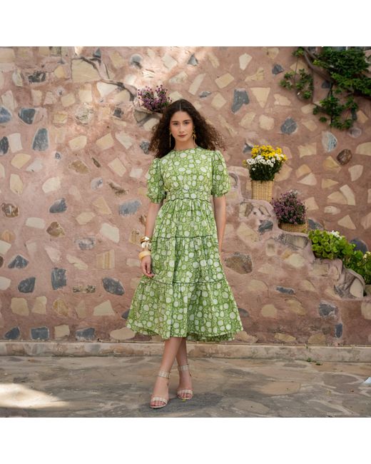 Echo of Pink Green Matilda Hand Block Print Cotton Dress