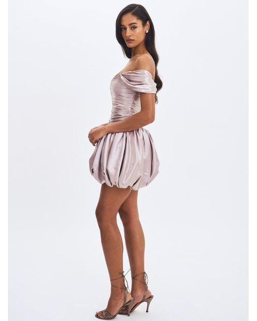 Miss Circle New York Gray Neutrals Milena Champagne Ruched Asymmetrical Bubble Mini Dress