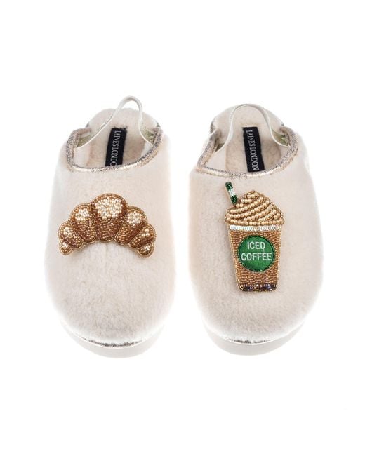 Laines London Multicolor Neutrals Flatform Cloud Closed Toe Slippers With Iced Coffee & Croissant Brooches