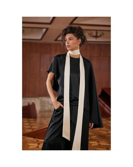 Julia Allert Black Structured Satin Cape Dress With Contrast Scarf