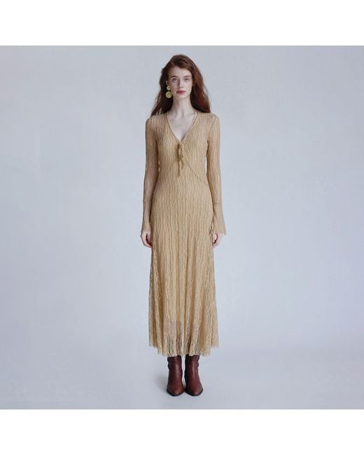 Belsize25 Natural Neutrals Trumpet Dress Flared Sleeve Knit Lace Sheer Tie Dress