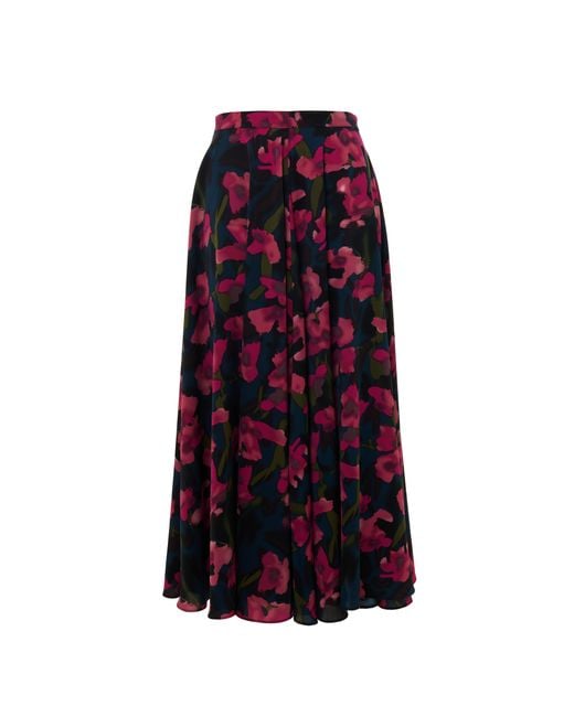 Louche Red Anza Watermark Floral Print Midaxi Skirt