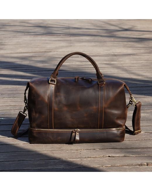 Touri Brown Leather Weekend Bag With Suit Compartment for men