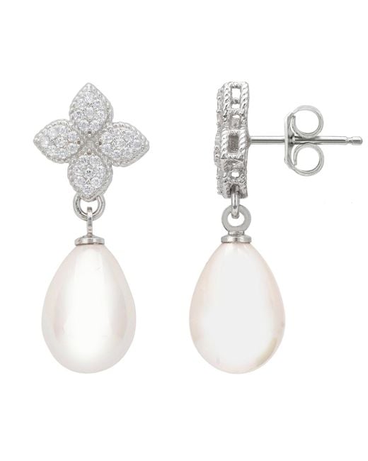 Latelita London White Clover Flower Pearl Drop Cz Earrings