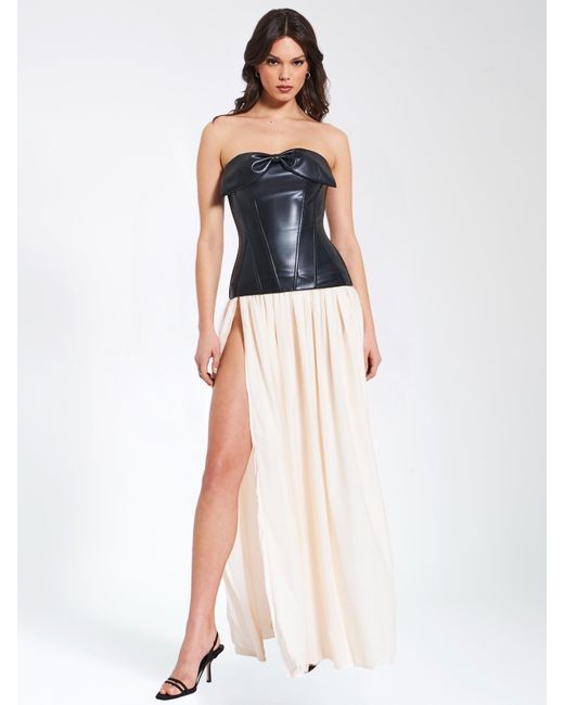 Miss Circle New York White Maayan Vegan Leather Corset High Slit Drop Waist Maxi Dress