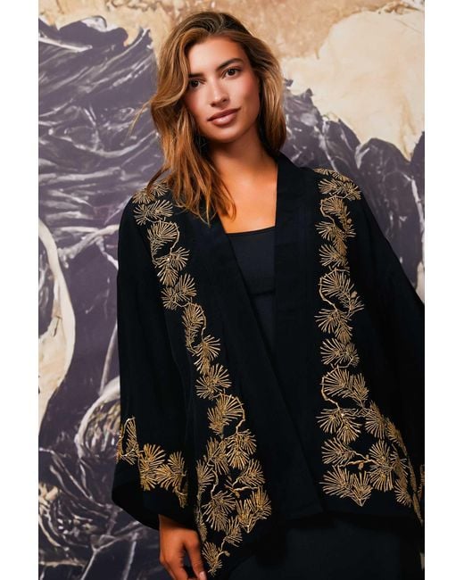 Artemis Muse Black Japanese Pine Needle Embroidered & Fully Lined Short Kimono