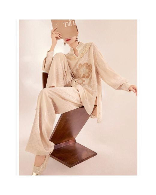 Wjy Studio London Natural Neutrals Embroidered Detail Floral Tunic