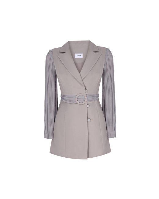 NALÈ Gray Pleated Sleeves Blazer With Detachable Belt & Palazzo Wide Leg Trouser
