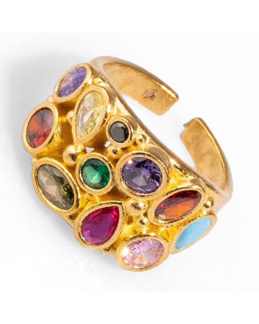 Ebru Jewelry Metallic Teardrop Colorful Multi Gemstone & Adjustable Statement Ring