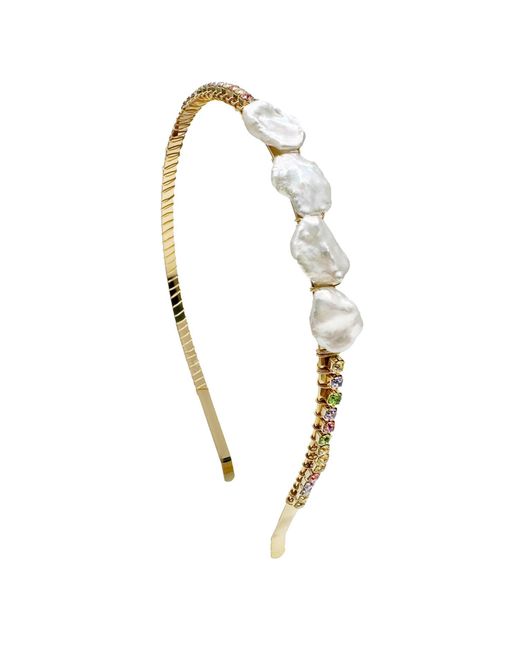 Farra Metallic Freshwater Pearls And Colorful Zricon Handcrafted Hair Band
