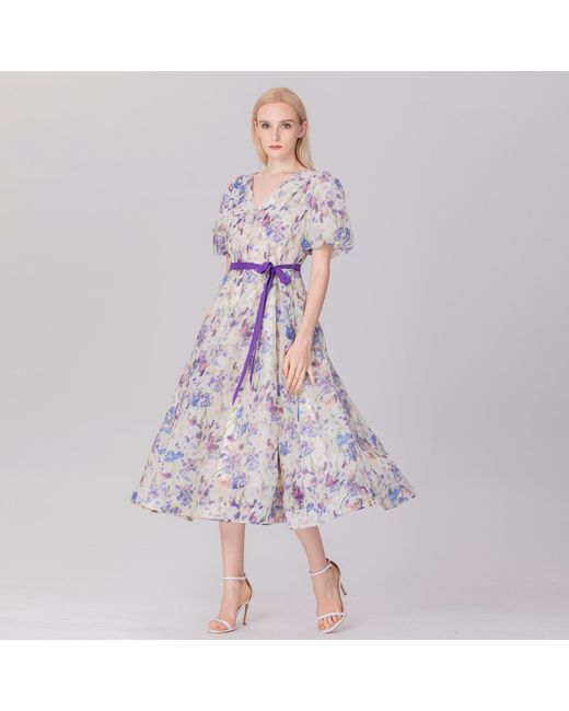 Smart and Joy Multicolor Neutrals Flower Print Fit-And-Flare Tea Organza Dress