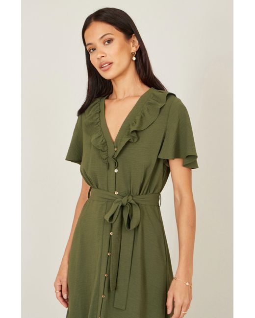 Yumi' Green Ruffle Collar Midi Shirt Dress